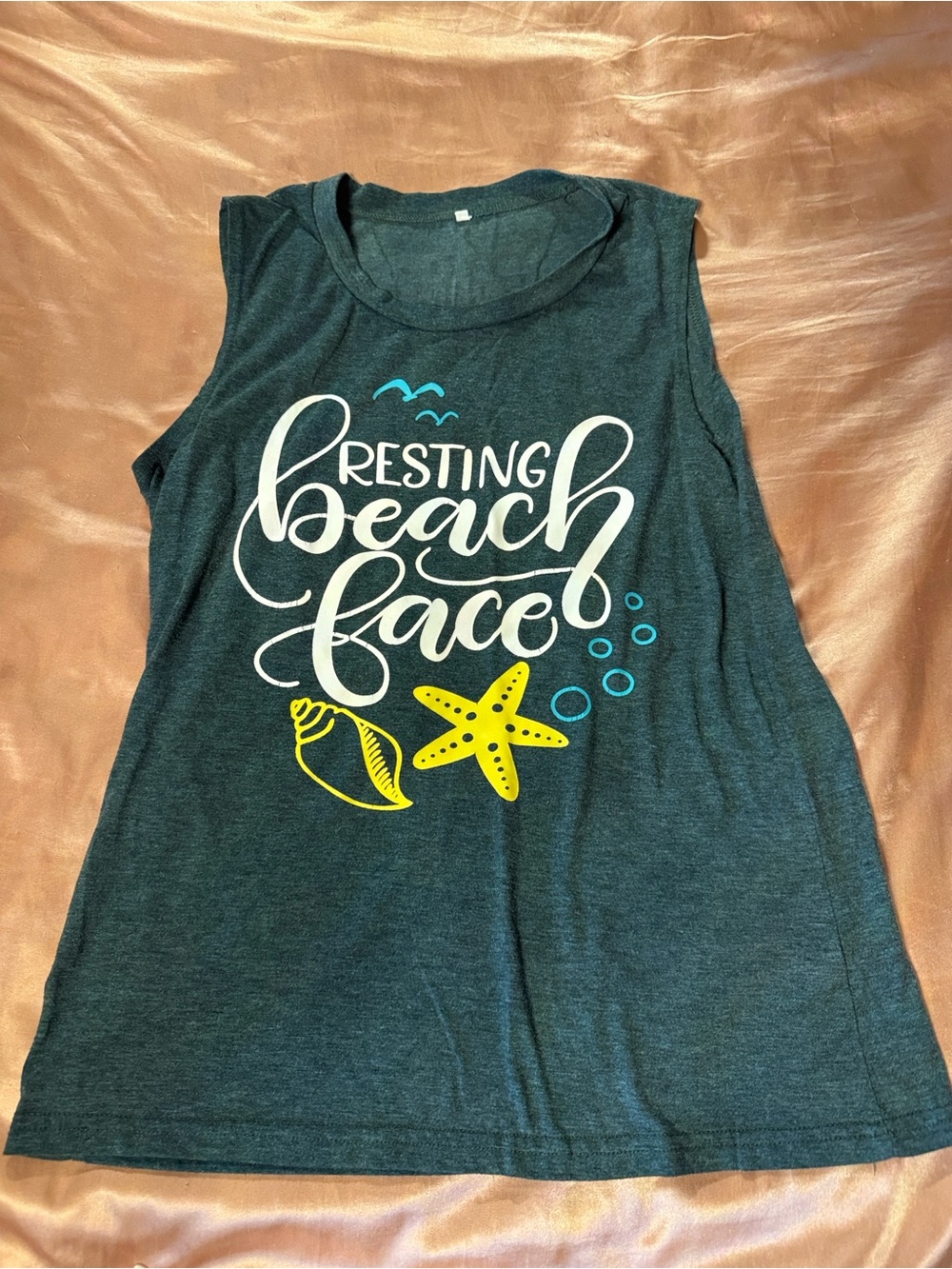 Graphic Sleeveless Beach Tank in Teal with Yellow & White Motif